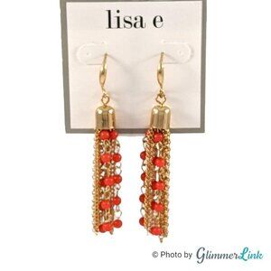 Boho Coral Pink & Gold Tone Beaded Chain Tassel Earring